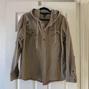 Tan Denim Hooded Button-Up Jacket